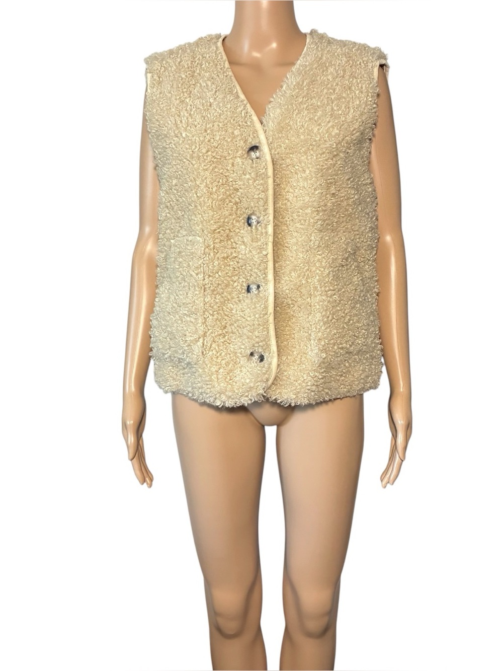 And Now This Women's Faux Fur Jacket Vest L Cream Side Pockets Button Up Lined